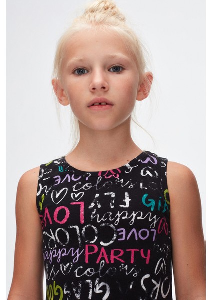 Siyah Glasgow Desen Kız Çocuk Kolsuz Elbise modelleri