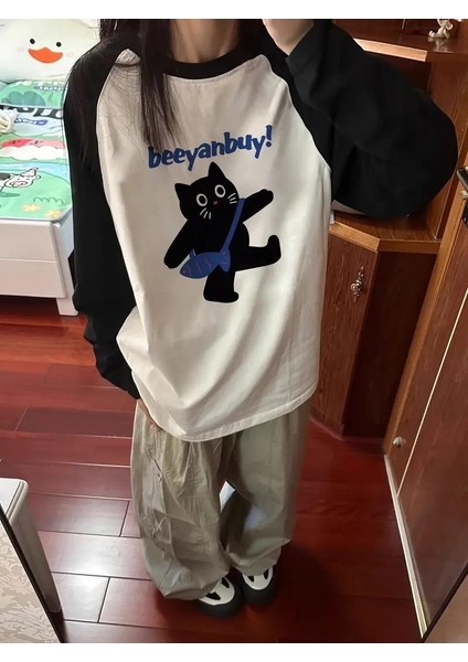 Black Cat Reglan Uzun Kollu Baskılı Beyaz T-Shirt