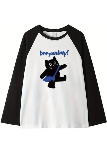 Black Cat Reglan Uzun Kollu Baskılı Beyaz T-Shirt modelleri