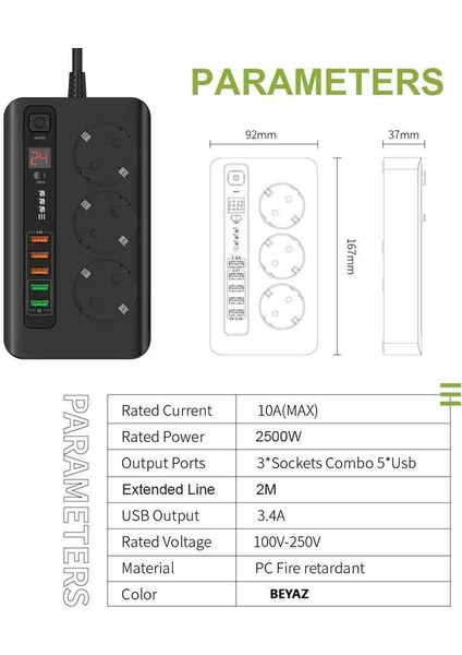 Akım Korumalı 3'lü Priz,zaman Ayarlı ve 5 Usb'li 2 Metre Uzatma Kablolu