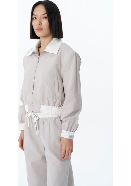 Renk Bloklu Beli Lastikli Bomber Ceket Gri