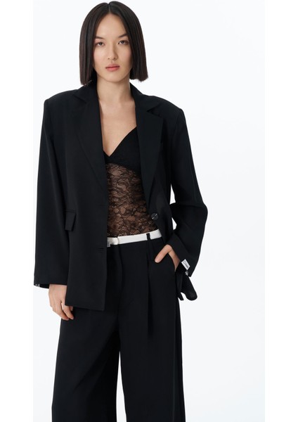 Sırtı Pencere Detaylı Düğmeli Blazer Ceket Siyah