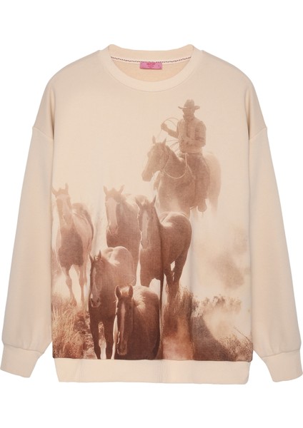 At Desenli Oversize Sweatshirt Açık Bej