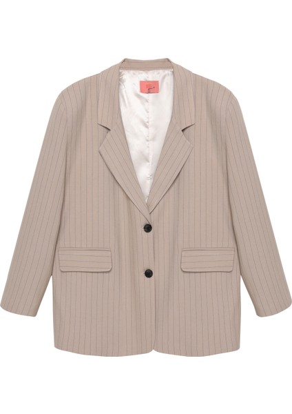 İnce Çizgili Düğmeli Oversize Blazer Ceket Bej fiyatları