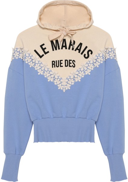 Dantel Çiçekli Baskılı Kapüşonlu Sweatshirt Mavi