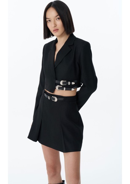 Kemer Aksesuarlı Crop Blazer Ceket Siyah