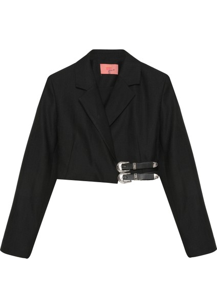 Kemer Aksesuarlı Crop Blazer Ceket Siyah