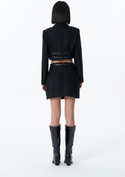 Kemer Aksesuarlı Crop Blazer Ceket Siyah