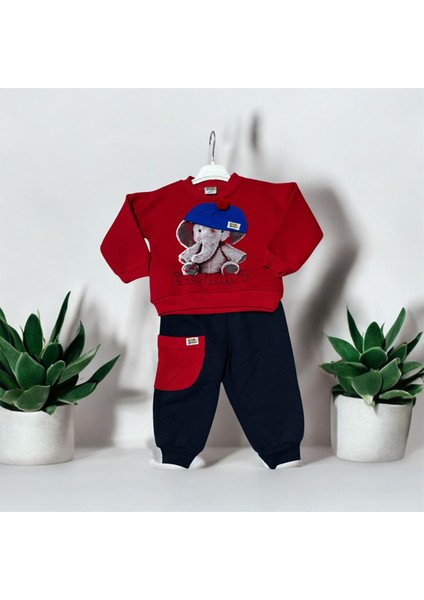 Renk Seçenekli Ponpon Fileli Şapkalı Fil Detaylı Elephant Yazılı Baskılı Bebek Çocuk Eşofman Takımı