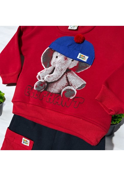 Renk Seçenekli Ponpon Fileli Şapkalı Fil Detaylı Elephant Yazılı Baskılı Bebek Çocuk Eşofman Takımı fiyatları