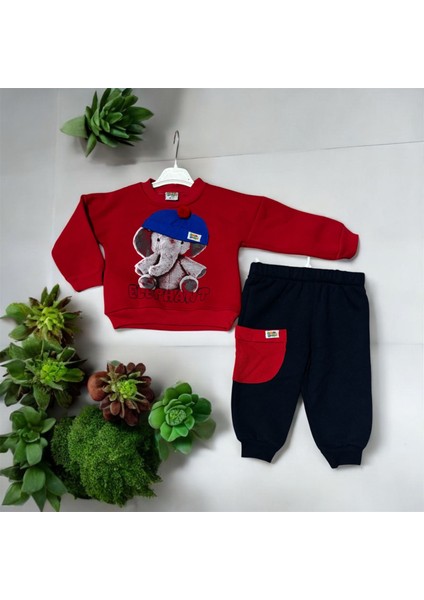 Renk Seçenekli Ponpon Fileli Şapkalı Fil Detaylı Elephant Yazılı Baskılı Bebek Çocuk Eşofman Takımı modelleri