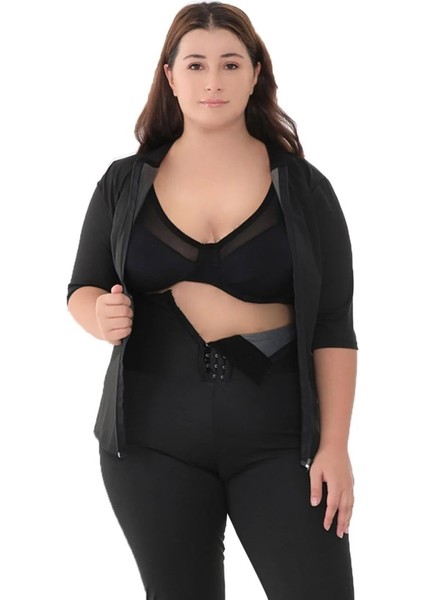 Agraflı Termal Sauna Tayt ve Fermuarlı Yarım Kollu Termal Body - Siyah ( Alt ve Üst Olarak Takımdır. )