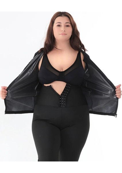 Agraflı Termal Sauna Tayt ve Fermuarlı Yarım Kollu Termal Body - Siyah ( Alt ve Üst Olarak Takımdır. ) fiyatları