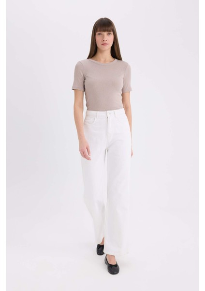 Slim Fit Dar Kesim Bisiklet Yaka Fitilli Kaşkorse Basic Düz Kısa Kollu Tişört C0097AX25SP