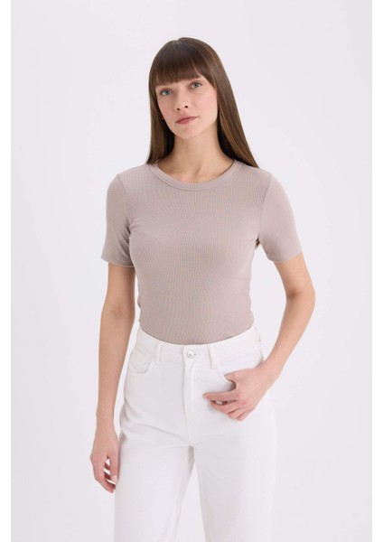 Slim Fit Dar Kesim Bisiklet Yaka Fitilli Kaşkorse Basic Düz Kısa Kollu Tişört C0097AX25SP