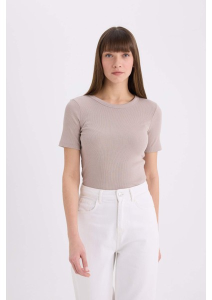 Slim Fit Dar Kesim Bisiklet Yaka Fitilli Kaşkorse Basic Düz Kısa Kollu Tişört C0097AX25SP