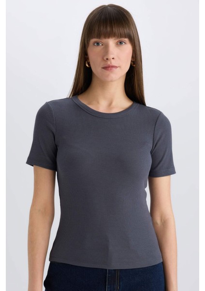 Slim Fit Dar Kesim Bisiklet Yaka Fitilli Kaşkorse Basic Düz Kısa Kollu Tişört C0097AX25SP