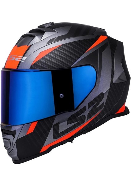 Storm 2 Racer Turuncu Kapalı Motosiklet Kaskı Mavi Camlı
