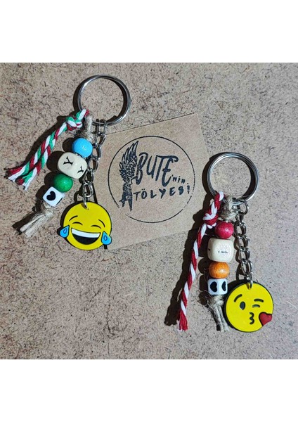 Karne Hediyesi, 10 Adet Gülen Surat Emojili, Ahşap Boncuklu Çanta Charmı, Anahtarlık