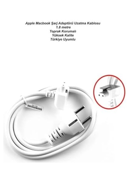 Macbook Şarj Adaptörü Uzatma Kablosu 1.8m Toprak Korumalı, Tr Fiş, Galvanizli Kalaylı Kablo