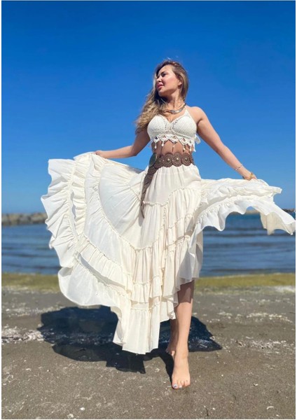 Özel Tasarım Ham Keten Kadın Etnik Model Astarlı Carmen Etek
