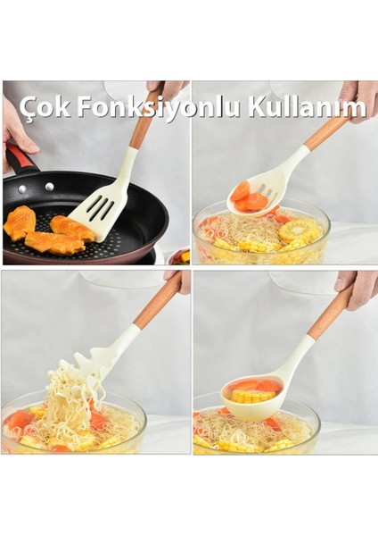 12 Parça Kepçe Spatula Kevgir Mutfak Servis Seti Ahşap Saplı Mutfak Seti, Saklama Kutulu