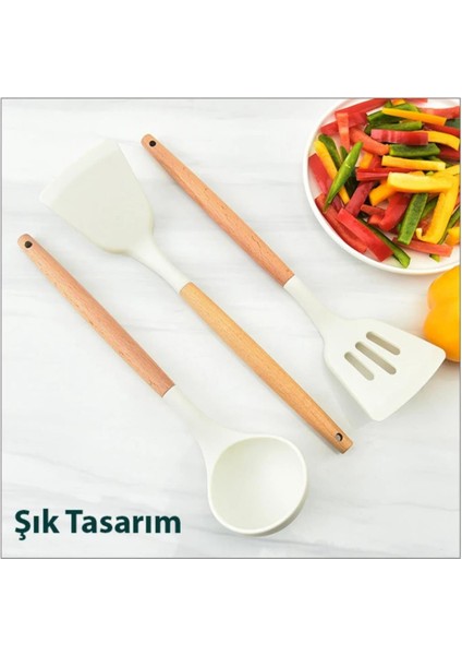 12 Parça Kepçe Spatula Kevgir Mutfak Servis Seti Ahşap Saplı Mutfak Seti, Saklama Kutulu
