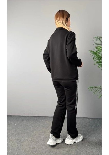 Kadın Fermuar ve Ekose Detay Sweatshirt ve Pantolon Üç Iplik Kumaş Ikili Takım modelleri