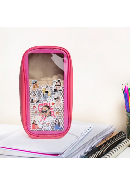 Girl Power Desenli Astarlı Fermuarlı Büyük Boy Kalem Kutu modelleri