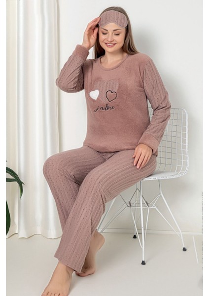 Fawn 5102 Peluş Welsoft Polar Kışlık Kalp Nakışlı Büyük Beden Kadın Pijama Takımı