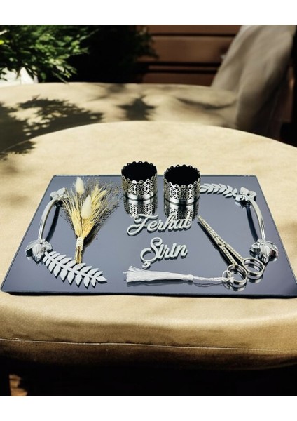Elegance Gümüş Yapraklı Söz Nişan Tepsisi