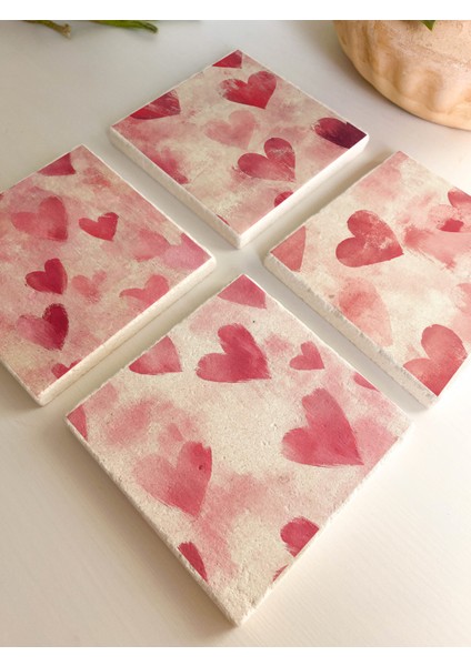Kalp Desenli Doğal Taş Bardak Altlığı - 4'lü Set
