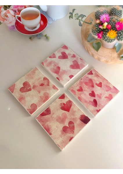 Kalp Desenli Doğal Taş Bardak Altlığı - 4'lü Set modelleri