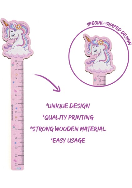 Unicorn Desenli Özel Tasarım Ahşap Cetvel Kitap Ayracı