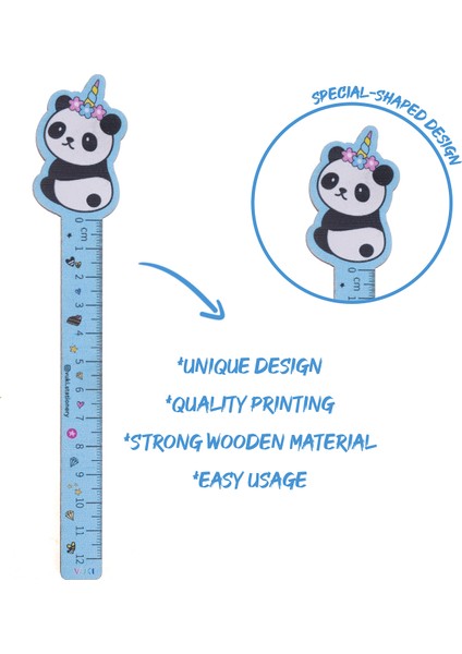 Panda Desenli Özel Tasarım Ahşap Cetvel Kitap Ayracı