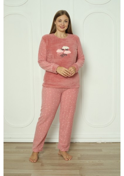 Fawn 3501 Peluş Welsoft Polar Kışlık Bulut Desenli Büyük Beden Kadın Pijama Takımı