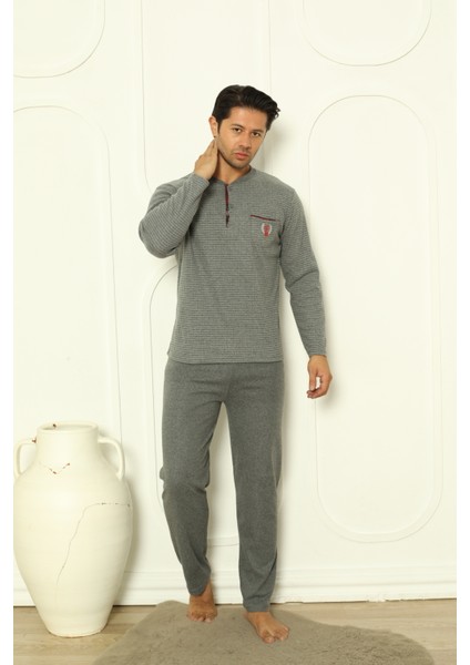 Falkom 5004 Interlok Kalın Kışlık Çizgili Erkek Ev Pijama Takımı