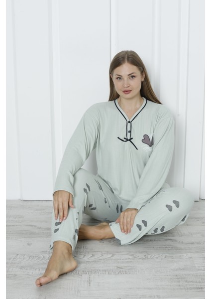 Fwn 3400 Interlok Nakışlı Kışlık Büyük Beden Kadın Pijama Takımı