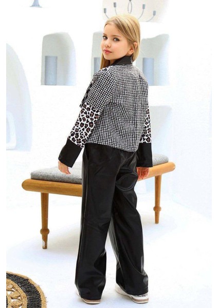 Kız Çocuk Üzeri Leopar ve Kazayağı Deri Detaylı Ceket Bol Kesim Pantolon Siyah Alt Üst Takım fiyatları