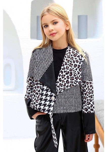 Kız Çocuk Üzeri Leopar ve Kazayağı Deri Detaylı Ceket Bol Kesim Pantolon Siyah Alt Üst Takım modelleri