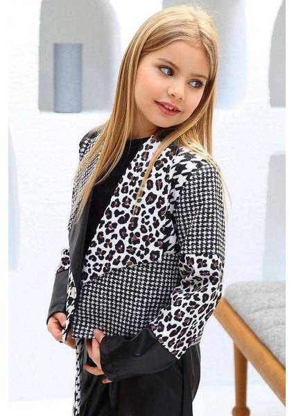 Kız Çocuk Üzeri Leopar ve Kazayağı Deri Detaylı Ceket Bol Kesim Pantolon Siyah Alt Üst Takım fırsatları