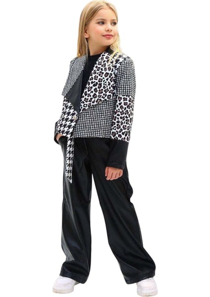 Kız Çocuk Üzeri Leopar ve Kazayağı Deri Detaylı Ceket Bol Kesim Pantolon Siyah Alt Üst Takım indirimleri