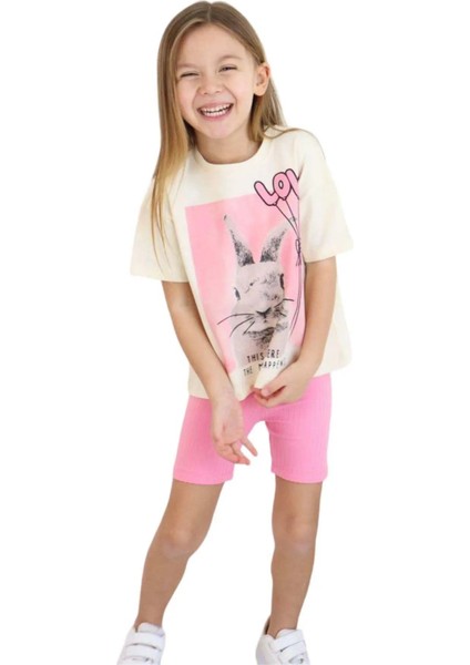 Kız Çocuk Üzeri Digital Yazı ve Tavşan Baskılı T-Shirt Fitilli Şortlu Takım