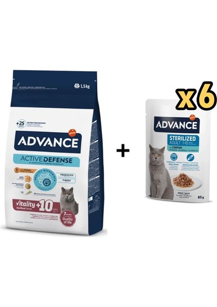 Kısırlaştırılmış +10 Yaşlı Kedi Maması 1,5 kg + 6 Adet Advance Morina Balıklı Kısır Kedi Pouch Yaş Maması 85 gr