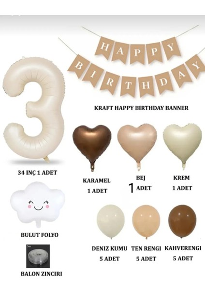 3 Yaş Retro Doğum Günü Seti; Krem Rakam Folyo, Banner, Kalp Folyo ve Lateks Balon fiyatları