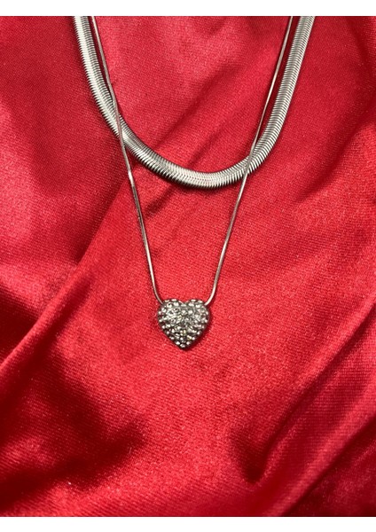 OZZYSHOPTR Çelik Kararma Yapmaz Silver Kalp Figürlü Taşlı Kolye