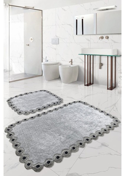 Gülruba Köşeli Gri Çeyizlik Dantelli 2'li Banyo Paspası Seti Kaymaz Tabanlı Klozet Takımı