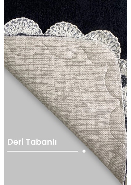 Gülruba Köşeli Siyah Çeyizlik Dantelli 2'li Banyo Paspası Seti Kaymaz Tabanlı Klozet Takımı