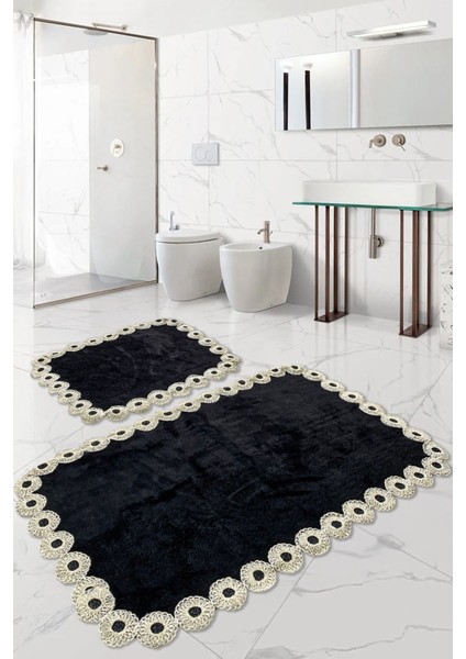 Gülruba Köşeli Siyah Çeyizlik Dantelli 2'li Banyo Paspası Seti Kaymaz Tabanlı Klozet Takımı