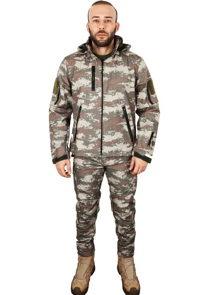 Softshell Eski Tsk Desenli Su ve Rüzgar Geçirmez Içi Polarlı Takım (Mont + Pantolon)
